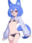  1girl absurdres animal_ears bikini black_bikini blush fox_ears highres hood hoodie long_hair looking_at_viewer myakuro open_mouth original red_eyes side-tie_bikini_bottom simple_background solo swimsuit tail white_background 