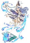  1girl absurdres bare_shoulders blue_eyes blue_hair boots card detached_sleeves duel_monster highres holding holding_staff hydrokinesis kaichou_(homehome_h) long_hair long_sleeves pointy_ears pointy_hair rite_of_aramesir solo staff standing standing_on_one_leg thigh_boots water water_enchantress_of_the_temple white_footwear yu-gi-oh! 