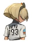  1girl bea_(pokemon) blonde_hair bow_hairband closed_mouth commentary_request echizen_(n_fns17) from_behind hair_over_eyes hairband pokemon pokemon_swsh print_shirt shirt short_hair short_sleeves simple_background solo upper_body white_background 