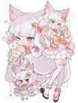  1girl :3 ;d animal_ear_fluff animal_ears blunt_bangs bow bright_pupils cat_ears cat_girl cat_tail chibi chibi_inset color_guide commission cross-shaped_pupils detached_sleeves fox_shadow_puppet frilled_skirt frilled_thighhighs frills full_body hair_bow hair_flaps hair_ribbon hands_up holding holding_stuffed_toy kasa_(hitori_sanka) knees_together_feet_apart layered_skirt long_hair looking_at_viewer low_twintails multiple_views okobo one_eye_closed open_mouth original pink_eyes pink_skirt ribbon sandals shirt simple_background skeb_commission skirt smile sparkle standing stuffed_animal stuffed_rabbit stuffed_toy symbol-shaped_pupils tail thighhighs twintails white_background white_hair white_pupils white_shirt white_skirt white_thighhighs yellow_bow 