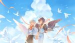  2boys ahoge apron belt bird blue_sky brown_hair brown_wings chef closed_eyes cloud cloudy_sky coffee coffee_cup cup disposable_cup english_commentary feathered_wings granblue_fantasy hair_between_eyes highres holding holding_hands holding_tray light_smile lucifer_(shingeki_no_bahamut) male_focus messy_hair multiple_boys neckerchief necktie official_alternate_costume red_eyes red_neckerchief red_necktie renren_be sandalphon_(granblue_fantasy) short_hair sky sleeves_rolled_up smile tray vest waist_apron white_hair white_vest white_wings wings yaoi 