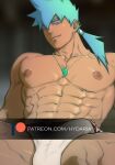  1boy abs alternate_muscle_size bara blonde_hair blue_hair breath_of_fire breath_of_fire_iv briefs bulge cowboy_shot dark-skinned_male dark_skin erection erection_under_clothes hydaria jewelry large_pectorals looking_at_viewer magatama magatama_necklace male_focus male_underwear muscular muscular_male navel necklace nipples paid_reward_available pectorals ryuu_(breath_of_fire_iv) seductive_smile short_ponytail sitting smile solo stomach topless_male underwear watermark 
