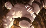  1boy abs bar_censor bara blonde_hair blush bound bound_legs censored clenched_teeth completely_nude dungeon_meshi erection highres kuroshinki laios_thorden large_pectorals male_focus muscular muscular_male navel nipples nude paid_reward_available pectorals penis restrained short_hair solo teeth testicles 