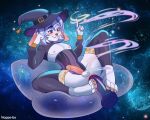 anthro clothing corset cosmic_background dildo genitals hat headgear headwear hi_res lagomorph legwear leporid lingerie magic magic_user male mammal noppe-bo paws penis rabbit sex_toy solo solo_focus stockings topwear white_body wizard_hat