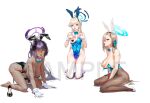  3girls all_fours animal_ears asuna_(blue_archive) asuna_(bunny)_(blue_archive) black_leotard blonde_hair blue_archive blue_bow blue_bowtie blue_eyes blue_leotard blue_nails bow bowtie braid breasts brown_pantyhose cleavage convenient_arm dark-skinned_female dark_skin detached_collar fake_animal_ears feet fishnet_pantyhose fishnets full_body gloves grabbing_own_breast hair_over_one_eye hair_ribbon halo heart_pasties high_heels highres karin_(blue_archive) karin_(bunny)_(blue_archive) large_breasts legs leotard long_hair medium_breasts multiple_girls no_shoes official_alternate_costume open_mouth pantyhose pasties playboy_bunny purple_hair rabbit_ears ribbon sample_watermark shoes simple_background strapless strapless_leotard ta03545 thighhighs toes toki_(blue_archive) toki_(bunny)_(blue_archive) tongue tongue_out unworn_shoes very_long_hair watermark white_background white_gloves white_thighhighs wrist_cuffs yellow_eyes 