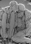  2boys blush curly_eyebrows deadjuice greyscale hair_over_one_eye hugging_own_legs kiss long_sideburns m_legs male_focus monochrome multiple_boys night night_sky on_rooftop one_piece pants roronoa_zoro sanji_(one_piece) shoes short_hair sideburns sitting sky yaoi 