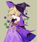  1girl black_cape blonde_hair cape cowboy_shot dress green_background hat heart kannawataame looking_at_viewer profile purple_cape purple_dress purple_eyes short_hair simple_background solo sparkle sugar_sugar_rune two-tone_cape vanilla_mieux witch_hat 