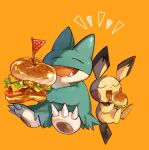  cheese claws closed_eyes commentary_request dot_nose drooling eating fang flag food holding_burger lettuce munchlax no_humans open_mouth orange_background pichu pokemon pokemon_(creature) simple_background sitting smile tail tomato torisan_7_7 