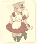  1girl :d animal_ear_fluff animal_ears apron asaka_yumetsuki bell black_footwear boots cat_ears cat_girl cat_tail commentary_request dress floating full_body furry furry_female hand_on_own_hip heart heel_up highres jingle_bell looking_at_viewer maid_apron neck_bell open_mouth original red_dress simple_background sketch smile solo tail tail_raised thigh_boots white_apron yellow_background 