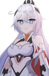  +_+ 1girl absurdres ahoge armor armored_dress bare_shoulders blue_eyes breasts closed_mouth h2o_omizu highres honkai_(series) honkai_impact_3rd kiana_kaslana kiana_kaslana_(herrscher_of_flamescion) long_hair looking_at_viewer medium_breasts no_nose ponytail simple_background solo very_long_hair white_background white_hair 