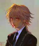  1boy artist_name black_jacket black_necktie black_suit blonde_hair chain closed_mouth collared_shirt crystal_earrings diamond_earrings earrings eyelashes formal hair_between_eyes highres hunter_x_hunter jacket jewelry jidaart kurapika lips looking_at_viewer male_focus medium_hair necktie nen_(hunter_x_hunter) pink_lips red_eyes shirt simple_background solo suit suit_jacket upper_body white_shirt 