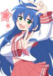  1girl :3 :d absurdres ahoge aikawa_ryou arm_up blue_hair blush collarbone commentary_request double_w green_eyes hair_between_eyes highres izumi_konata long_hair looking_at_viewer lucky_star navel neckerchief pink_neckerchief pleated_skirt red_sailor_collar red_skirt sailor_collar school_uniform serafuku shirt simple_background skirt smile solo star_(symbol) very_long_hair w white_background white_shirt 