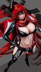  1girl between_breasts breasts full_body goddess_of_victory:_nikke gun hand_on_own_hip highres hip_vent holding holding_gun holding_weapon horns jacket kyel_hyde large_breasts long_hair looking_at_viewer mechanical_horns navel open_clothes open_jacket red_hair red_hood_(nikke) red_jacket red_scarf red_suspenders rifle scarf sidelocks sniper_rifle solo stomach strap_between_breasts suspenders weapon yellow_eyes 