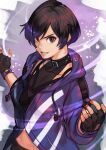  1girl black_bra black_hair bodystocking bra bra_over_clothes brown_eyes collar fingerless_gloves gloves gradient_hair grin hinoru_saikusa jacket looking_at_viewer multicolored_hair purple_hair purple_jacket reina_(tekken) smile solo tekken underwear 