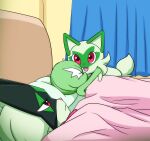 ah_yes._me._my_girlfriend. ambiguous_gender anthro bed bedding bedroom blanket frown furniture gardevoir generation_3_pokemon generation_9_pokemon green_body group hug meme meowscarada nintendo pillow plushie pokemon pokemon_(species) red_eyes sleeping smile sprigatito