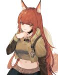  1girl animal_ear_fluff animal_ears arknights black_choker brown_eyes brown_hair brown_shirt charm_(object) choker crop_top fox_ears fox_tail franka_(arknights) franka_(rainforest_me_rainbow)_(arknights) gupipy highres liskarm_(arknights) long_hair long_sleeves midriff navel official_alternate_costume shirt simple_background solo stomach tail very_long_hair white_background 