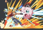  1boy attack black_gloves blonde_hair blue_pants buster_wolf colored_skin crossover denim fingerless_gloves fire gloves grey_background jeans jigglypuff korokoro_nekoz long_hair pants pink_skin pokemon ponytail red_hat red_vest shirt simple_background sleeveless sleeveless_shirt super_smash_bros. terry_bogard the_king_of_fighters vest white_shirt 