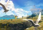  1other bird bird_nest blurry blurry_foreground bush chocobo cliff cloud cloudy_sky dandelion dodo_(bird) final_fantasy final_fantasy_xiv flower full_body grass hill lalafell lighthouse ocean riding riding_bird seagull signature sky solo white_hair yabuka_shiwa 