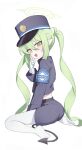  1girl black_hat black_shirt black_shorts black_tail blue_archive blush demon_tail fang gloves green_hair green_halo hair_between_eyes halo hat highlander_twintails_conductor_(blue_archive) highres jambujok long_hair long_sleeves looking_at_viewer open_mouth pantyhose peaked_cap pointy_ears shirt shorts simple_background skin_fang smile solo tail twintails white_background white_gloves white_pantyhose yellow_eyes 