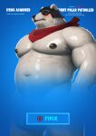 absurd_res anthro armor barazoku bear big_pecs blush button_prompt convenient_censorship digital_media_(artwork) earthist english_text epic_games fortnite fur gameplay_mechanics glistening glistening_body gui headgear helmet hi_res male mammal mostly_nude musclegut muscular muscular_anthro muscular_male nipples offering_sex parody pecs polar_bear polar_patroller solo stocky suggestive text ursine white_body white_fur