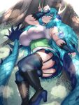  1girl alternate_breast_size aqua_hair aqua_lips arm_up armlet ass blue_dragon_(kemono_friends) blue_eyes boots breast_pocket breasts closed_mouth curvy day dragon_ears dragon_girl dragon_horns dragon_tail fingerless_gloves garter_straps gloves grass green_horns hand_on_own_head hand_rest high_heel_boots high_heels highres horns huge_breasts impossible_clothes impossible_shirt kemono_friends kemono_friends_3 lipstick long_hair looking_up lying makeup miniskirt mo23 multicolored_horns necktie on_grass on_ground on_side outdoors panties pocket shirt skirt sleeveless sleeveless_shirt slit_pupils smile solo tail thighhighs twisted_torso underbust underwear very_long_hair very_long_tail white_shirt yellow_horns 