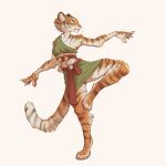 2024 anthro arm_tuft breasts clothing digitigrade feet felid female fur green_clothing green_eyes hi_res inner_ear_fluff mammal monk on_one_leg orange_body orange_fur pantherine shoulder_tuft solo standing striped_body striped_fur stripes tateoftot tiger tuft whiskers white_body white_fur wraps wrist_wraps