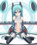  aqua_eyes aqua_hair arms_behind_back belt colorized elbow_gloves eto gloves hatsune_miku hatsune_miku_(append) kneeling long_hair looking_at_viewer navel necktie smile solo thighhighs twintails very_long_hair vocaloid vocaloid_append zettai_ryouiki 