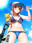  assault_rifle beretta_ar70/90 bikini bottle cat day from_below gradient_hair gun kinugasa_yuuichi multicolored_hair navel original red_eyes rifle short_hair sky solo swimsuit tattoo visor_cap water_bottle weapon 