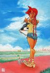  bad_id bad_pixiv_id bare_shoulders braid breasts cloud copyright_request day landscape large_breasts manuke0726 muscle red_eyes red_hair sketching solo standing thick_thighs thighs twin_braids 