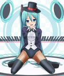  aqua_eyes aqua_hair arms_behind_back colorized eto fishnet_pantyhose fishnets hat hatsune_miku headset kneeling leotard long_hair looking_at_viewer magician magician_(module) miracle_paint_(vocaloid) pantyhose project_diva project_diva_(series) shiny smile solo thighhighs top_hat twintails very_long_hair vocaloid 