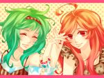  ahoge bad_id bad_pixiv_id closed_eyes green_hair gumi headband holding_hands jewelry long_hair multiple_girls natsuki0910 ring sf-a2_miki smile vocaloid 