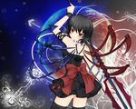  asymmetrical_wings bad_id bad_pixiv_id black_hair black_legwear blue_wings dress from_behind houjuu_nue looking_back nekokotei polearm red_eyes red_wings ribbon short_hair smile snake solo thighhighs touhou trident weapon wings zettai_ryouiki 