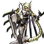  ahoge android armor blade blazblue blazblue:_continuum_shift blonde_hair bodysuit braid crotch_plate fighting_stance frown glowing glowing_eye hair_ornament hair_weapon katou_yuuki lambda-11 leg_up long_hair mask mecha_musume navel official_art red_eyes robot_ears single_braid single_eye solo standing standing_on_one_leg strapless_bottom sword thighhighs transparent_background very_long_hair visor weapon wings 