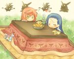  bad_id bad_pixiv_id blue_hair character_request heart kotatsu lowres multiple_girls pote_(ptkan) ren_(sekaiju) sekaiju_no_meikyuu table tlachtga yellow_eyes 