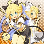  1girl animal_ears bad_id bad_pixiv_id bisuko_(bisco_mm) blonde_hair brother_and_sister cat_ears cat_tail kagamine_len kagamine_rin navel one_eye_closed short_ponytail shorts siblings tail tongue twins vocaloid 