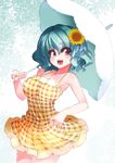  :d alternate_costume aqua_hair armpits bare_shoulders breasts casual dress flower fujishima-sei_ichi-gou green_hair hair_flower hair_ornament highres kazami_yuuka large_breasts open_mouth parasol pink_eyes plaid plaid_dress smile solo sundress sunflower touhou umbrella 