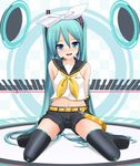  aqua_eyes aqua_hair arms_behind_back colorized cosplay eto hair_ribbon hatsune_miku headset kagamine_rin kagamine_rin_(cosplay) kneeling long_hair looking_at_viewer navel project_diva project_diva_(series) ribbon shorts smile solo thighhighs twintails very_long_hair vocaloid 