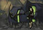  black_hair black_rock_shooter bow chain green_eyes horns scythe skull takanashi_yomi weapon 