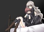  :o aoi_nagisa bed black_dress boots dress hanazono_shizuma hug hug_from_behind kneehighs long_hair multiple_girls ponytail red_hair school_uniform short_hair silver_hair sitting strawberry_panic! t.cylinder yuri 