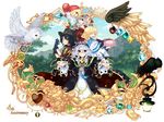  bad_id bad_pixiv_id bird birthday_cake black_hair blonde_hair cake flower food glasses gloves gold hat heart hebino_(snake_nest) horns jewelry mountain multiple_girls original outstretched_arms outstretched_hand owl short_hair smile tree white_hair 