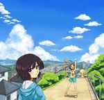  black_hair blonde_hair blue_eyes bow brown_eyes brown_hair cloud day hair_bow horizon house multiple_girls open_mouth original sandals scenery shibasaki_shouji sign sky smile waving wind_turbine windmill 