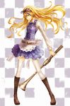  alice_(wonderland) alice_in_wonderland apron belt blonde_hair blue_eyes boots bow checkered checkered_background cross-laced_footwear frills hair_bow lace-up_boots long_hair ribbon skirt solo suzuya_akinori thighhighs white_legwear zettai_ryouiki 