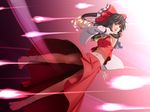  armpits black_hair bow breasts danmaku detached_sleeves from_below hair_bow hakurei_reimu kentairui legs long_hair magic medium_breasts midriff navel no_bra ofuda ponytail red_eyes sideboob solo tabi touhou upskirt 