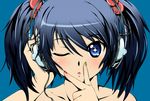  blue blush close headphones twintails wink 