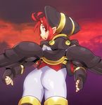  anshinmama armor ass fingerless_gloves gauntlets gloves hat looking_back lux_dioskouroi pointy_ears red_eyes red_hair shinrabanshou solo 