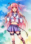  ahoge angel_beats! chain collar cross-laced_footwear fang highres long_hair midriff navel nyan pink_eyes pink_hair pony_(artist) ribbon school_uniform serafuku smile solo tail technicolor_sky thigh_strap yui_(angel_beats!) 