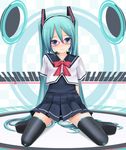  aqua_eyes aqua_hair arms_behind_back bespectacled colorized eto glasses hatsune_miku headset kneeling long_hair looking_at_viewer project_diva_(series) project_diva_2nd school_uniform serafuku smile solo thighhighs twintails very_long_hair vocaloid zettai_ryouiki 