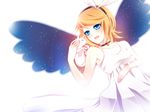  alternate_costume bad_id bad_pixiv_id bell blonde_hair blue_eyes cat choker hair_ornament hairclip headband heki_kiri highres kagamine_rin last_night_good_night_(vocaloid) simple_background solo vocaloid wings 