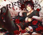  bad_id bad_pixiv_id black_hair checkered checkered_floor coat durarara!! flower lying male_focus nitou_akane orihara_izaya perspective petals red_flower red_rose rose rose_petals solo 