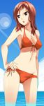  bikini brown_eyes day gogochi hand_on_hip highres lowleg red_hair saki side-tie_bikini sky solo standing swimsuit takei_hisa water 